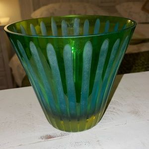 Vintage Pier 1 Heavy Glass Etched Green Aqua Blue Striped Bowl